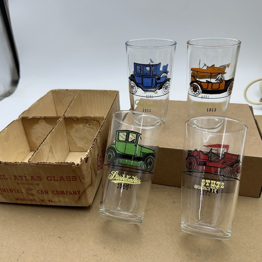 Vintage Hazel-Atlas “Gay Glasses” Set 4 Cars Chevrolet Buick Studebaker Stutz