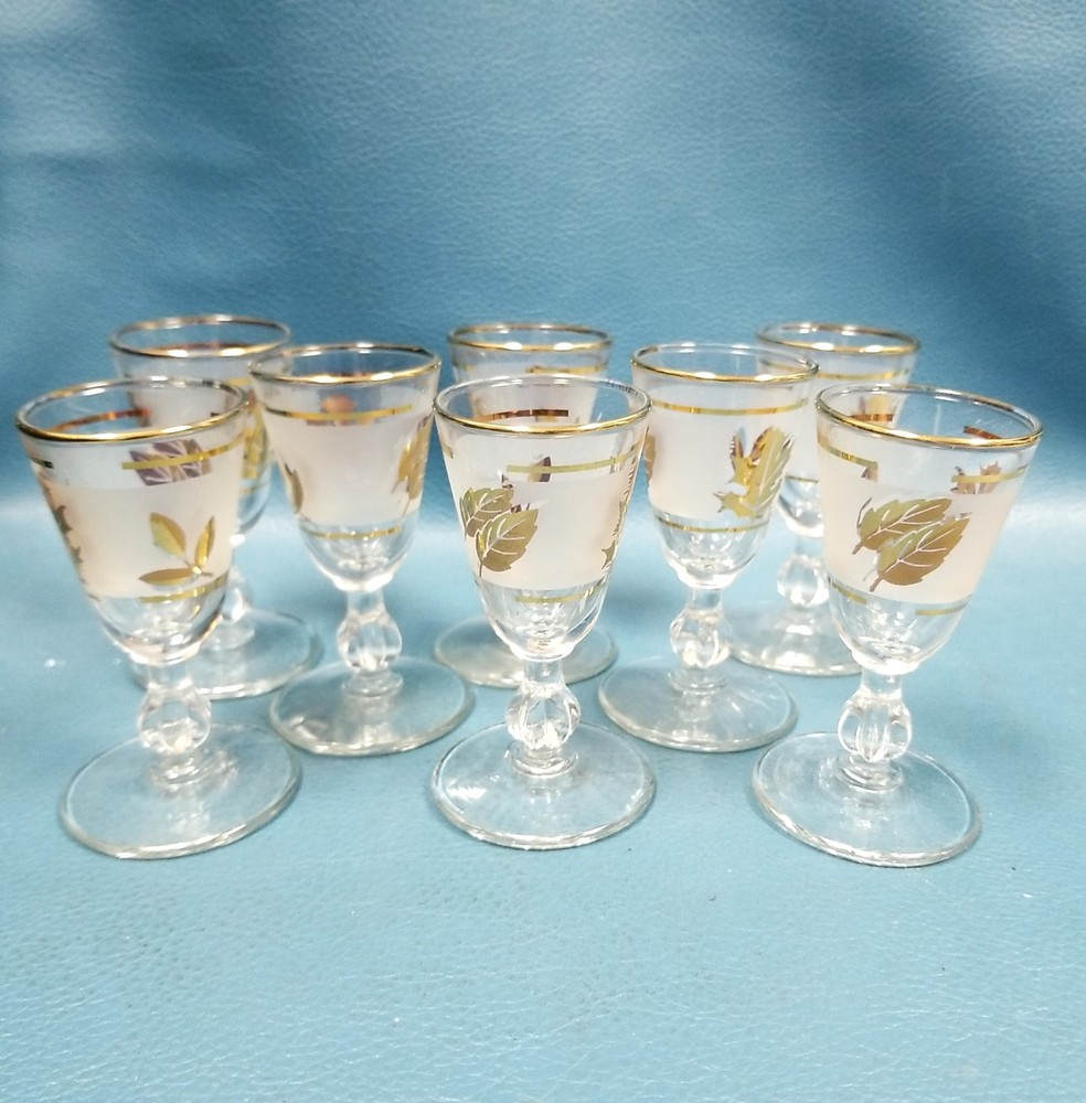 VTG Libbey Frosted Glass Golden Foliage Gold Leaf Set 8 Cordial Glasses Stemmed