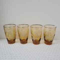 4 Vintage Amber Libbey Drinking Glasses Golden Silver Pine Cone Juice Water 10oz