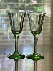 Vintage Uranium Glass Cordials MCM Tiffin Franciscan Optic Panel ? 1 Pair