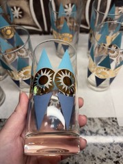 Set of 8 Federal Glass Nordica Turquoise & Gold Atomic Highball MCM Barware