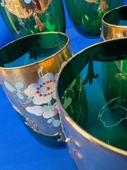 5 Bohemian 24K Gold Emerald Green 5″ Tumblers Hand Painted Raised Enamel Flowers