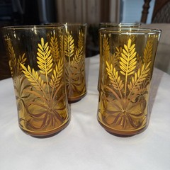 Vintage Libbey Gold Bounty (Wheat and Ribbon) Amber Drinking Glasses 5″ Lot Of 4