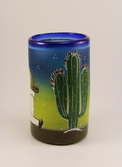 Southwest Cobalt Blown Glass Tumbler Hand Painted Desert Cactus Agave Sombrero