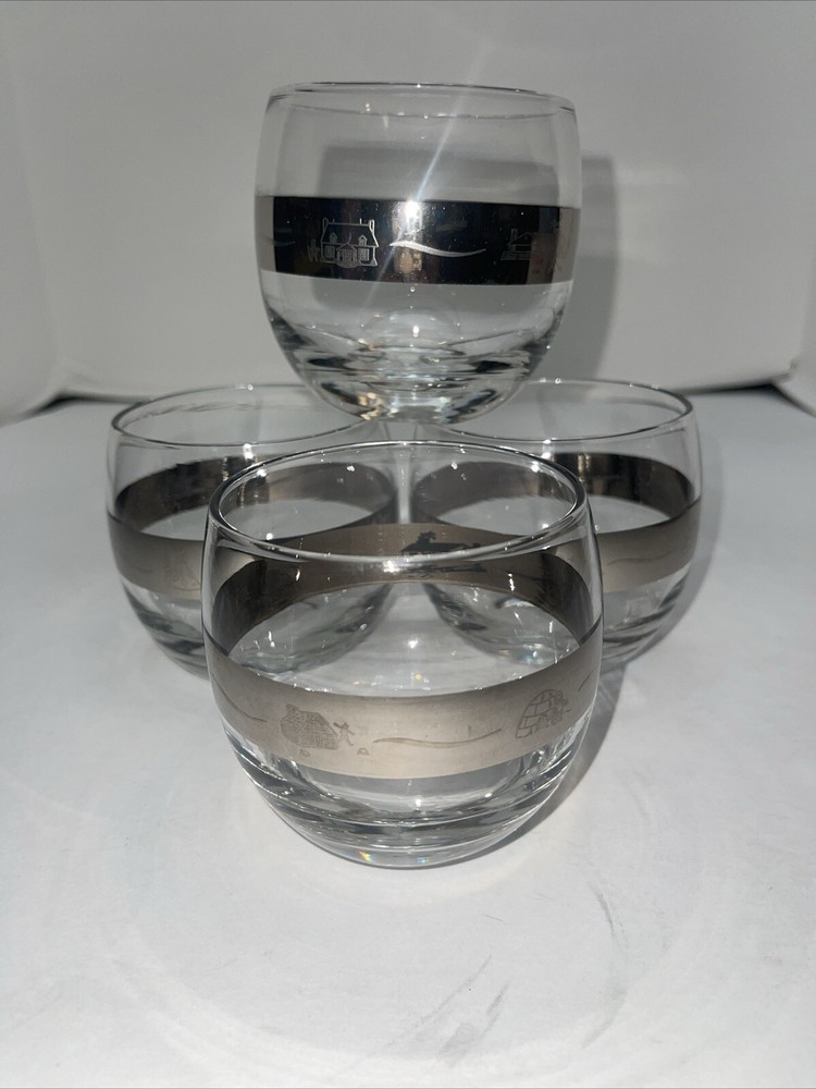 Vintage Roly Poly Cocktail Glasses Silver Band with House Designs -3 1/4″ Tall