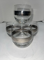Vintage Roly Poly Cocktail Glasses Silver Band with House Designs -3 1/4″ Tall