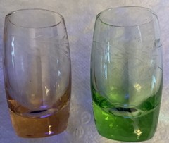 Glass Cordials 2.5” Etched Wheat Pattern Green & Peach (2)