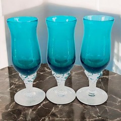 Set Of 3 Vintage Italian Turquoise Blue Clear Blown Glass Aperitif Glasses