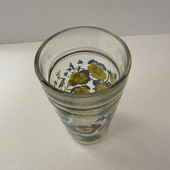 Vintage MCM Anchor Hocking Blue & Yellow Pansy Jelly Jar Tumbler Glass 6” H