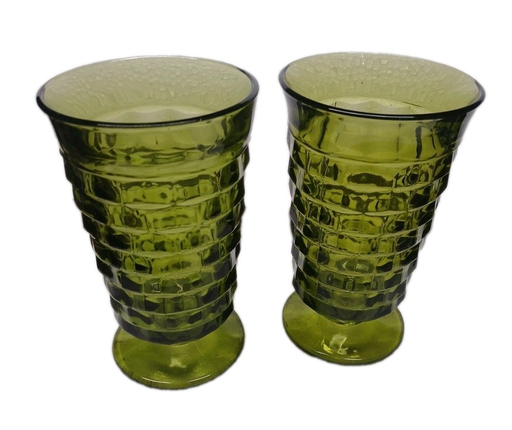 Vtg Indiana Whitehall Colony Cubist Footed Glasses Avocado Green Set of 2