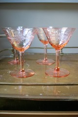 Pink Tiffin Franciscan Glass Panel Optic Etched Champagne Coupe Sherbet Glasses