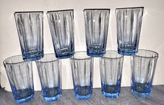 19pc Anchor Hocking REFLECTIONS 10 Panel Rib Blue GlassesTumblers & Rocks