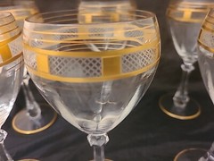 6 Vintage CRYSTAL Fluted Gold Lattice Stripe Faceted Stem WINE Glasses 8 Fl oz