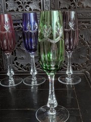 Vtg Ajka Rene Green Cut Clear Bohemian Crystal Champagne Flute Stemware Glass