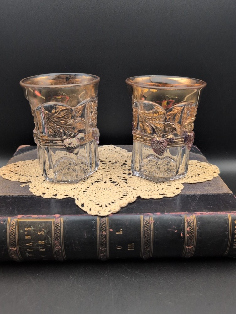 PAIR 1911 Antique Indiana Glass Paneled Strawberry Tumblers Gold Trim 8 oz Key