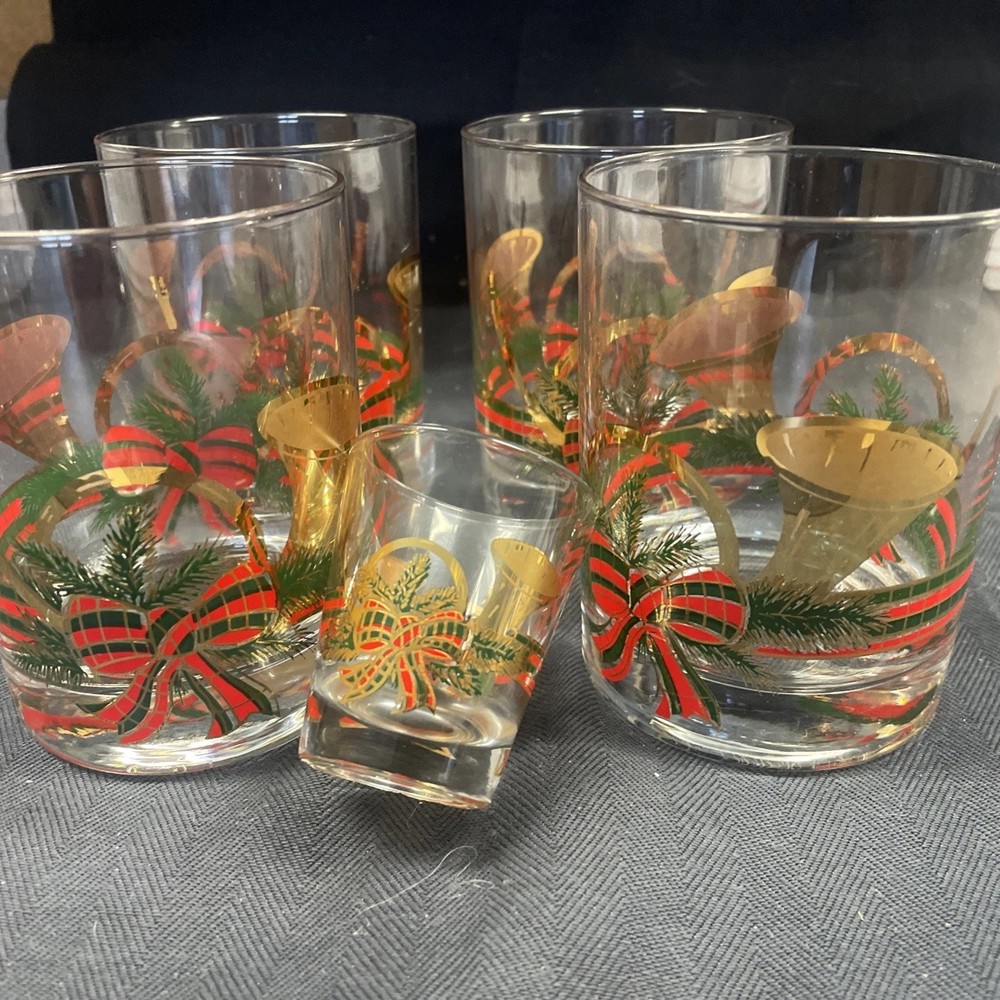 Set 4 Culver’s 22k Gold Yule French Horn Old Fashioned Christmas Glasses & SHOT