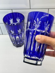 AJKA CAROLYNE HIGHBALL GLASS COBALT BLUE CUT TO CLEAR CRYSTAL HUNGARY BOHEMIAN