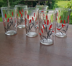 6 Hand Painted Cattail 3 3/4″ 4 oz. Water Glass Tumblers Original Vintage Lot