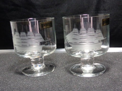 Vintage Pair of MCM Etched Clipper Ship Toscany Crystal Whiskey Footed Glasses