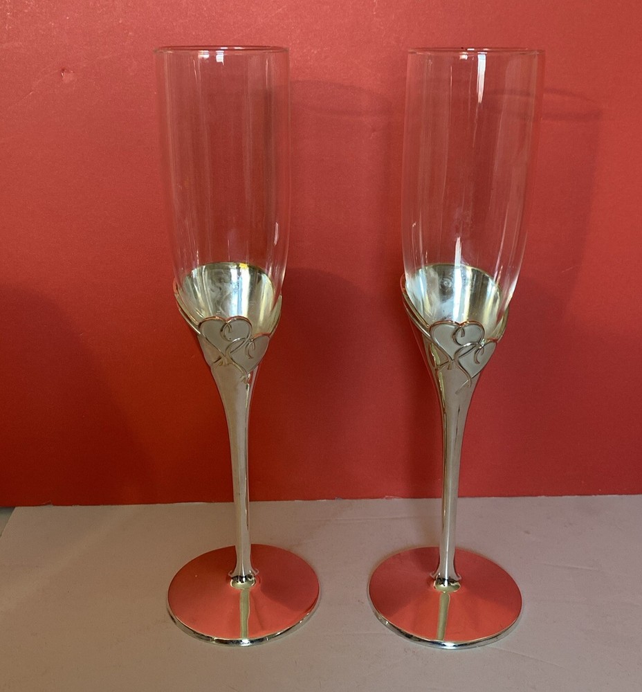 Lenox True Love Flute Pair Silver Heart Champagne Glasses @