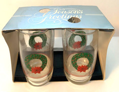 Libbey for JC Penney Boxed Set of Four 5 1/8” Christmas Wreath Glasses 1983