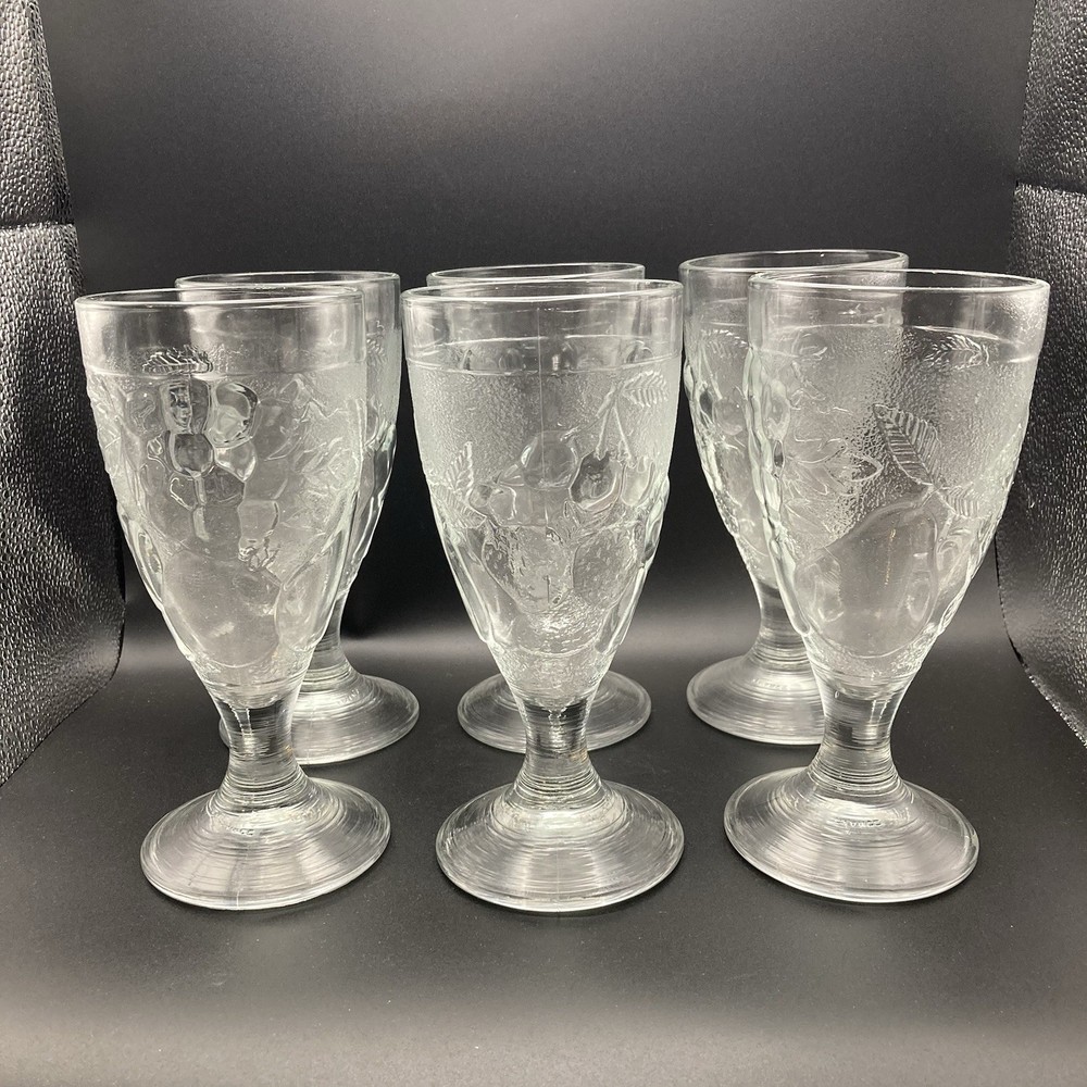 Vtg Arcoroc France Clear Molded Embossed Fruit Wine/Glasses Goblets~~Set of 6