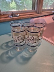 5 VTG Libbey Glass Tumblers Blue Gold Scroll Floral Leaf Flower Pattern LRS170