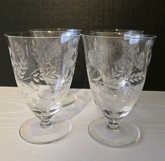 Crystal Optic with Etched Flowers & Leaves Juice Glass w/Stem Dessert Set 4 MCM