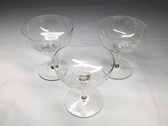 Vintage 1920s Gray Cut Birds Nests & Eggs Hand Blown Champagne Glasses, Lot Of 3
