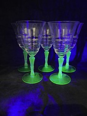 Vintage Uranium Glass Wine Goblet Green Stem Clear Bowl Vaseline