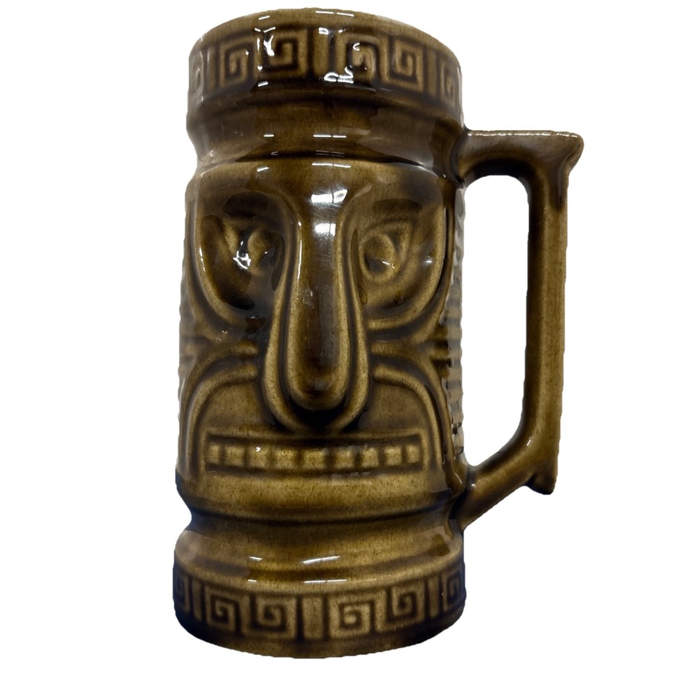 Vintage Tiki Mug Brown Ceramic Hawaiian Polynesian Bar Mug 6” Gloss Glaze