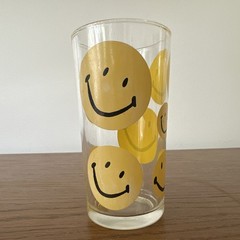 Vintage 1970s Yellow Happy Face Smiley Face 5” Clear Glass Tumbler Hazelware
