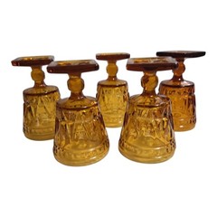 Set of 5 Indiana Colony Glass PARK LANE Amber Square Foot 5.5″ Water Goblets