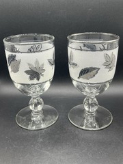 2 Libbey MCM 8 oz Frosted Silver Leaf Foliage Stemmed Wine Water Goblets/Glasses
