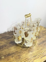 8 PC VINTAGE LIBBEY GOLD LEAF HIGH-BALL FROSTED GLASSES W/METAL CARRIER