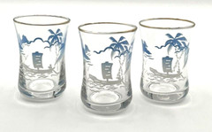 Blue White Embossed Asian Boat Scene Sake Cordial Shot Glasses (3)