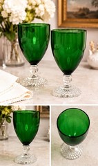 Set of 2 Anchor Hocking Boopie Emerald Green Bubble Foot Water Goblet Glasses