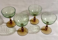 4 Amber & Green Uranium Herringbone Optic Cocktail Champagne Glasses UV Reactive