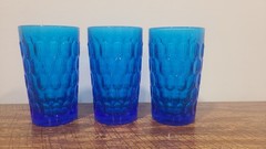 VINTAGE FENTON Thumbprint Set-3 Colonial Blue Glass Water Tumbler Honeycomb