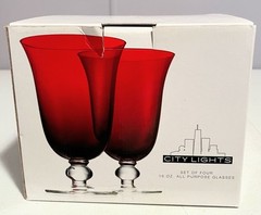 Vintage Noble Excellence City Lights Red Hand Blown Water Goblets 7” X 4” In Box