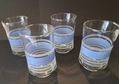 Vintage 4 Libbey Juice Glass Tumblers Clear with Blue & White Frosted Stripes