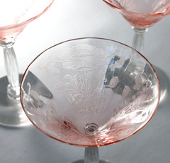 4 Tiffin Franciscan Flanders Pink Etched Tall Champagne Glasses 1920s 6.25″T
