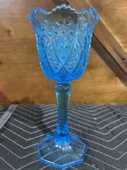 Vintage Aqua Kemple Glass Challice Goblet Hobstar Pattern Sawtooth Edge