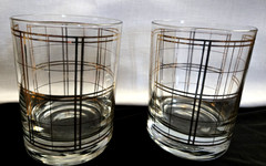 Georges Briard Mid Century Moder VTG Grid Window Pane Glasses Pair Gold 12 oz