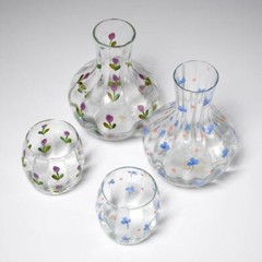 Pair of Hand Painted Water Carafes Pitcher Decanter and Drinking Glasses 4pc Lot