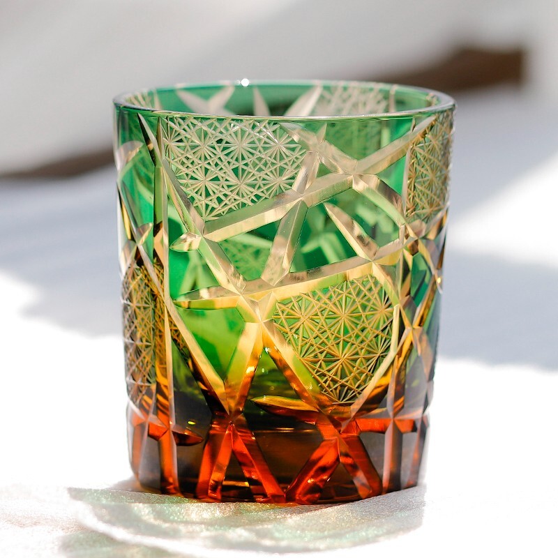 Whisky Glass Tumbler Japanese Style Edo Kiriko Glass Hand Cut To Clear 9oz Green