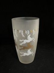 Libbey Cavalcade 3 Glasses W/cocktail Mixer Frosted Gold & White Jumping Horse