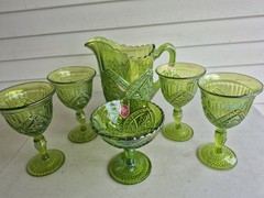 RARE VINTAGE TIARA GREEN CARNIVAL GLASS MIXED LOT Compote,goblets,pitcher