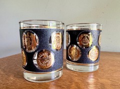 Pair of Libbey Gold Coin Rocks Glass ~ 22k Gold Faux Coin Old Fashion Glasses