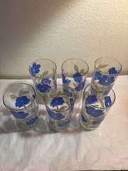 Vtg Culver Ltd Embossed Blue Green Flower Leaf Drinking Glasses Signed Lot Of 6